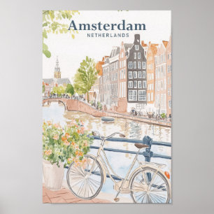 Amsterdam Netherlands Gouache Illustration Travel Poster