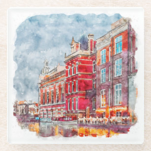 Amsterdam Netherlands Hand Drawn Watercolor Sketch Glass Coaster