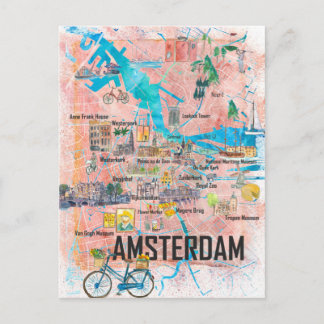 Amsterdam Netherlands Illustrated Map with Roads Postcard
