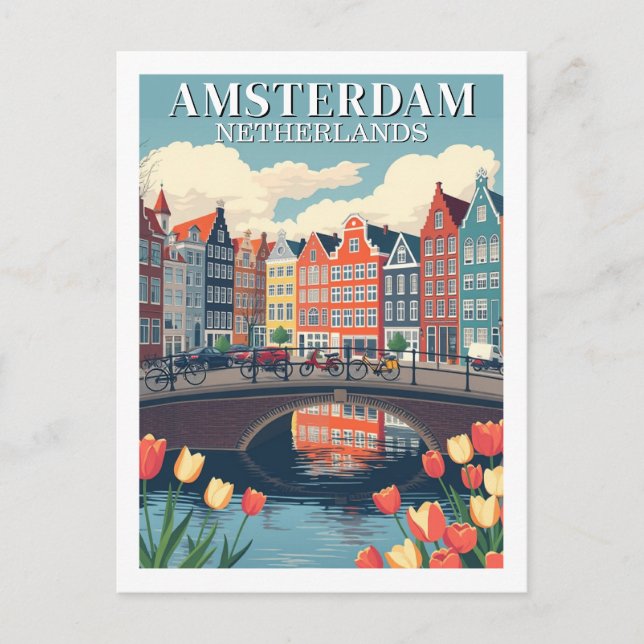Amsterdam Netherlands Illustration Travel Bicycles Postcard (Front)