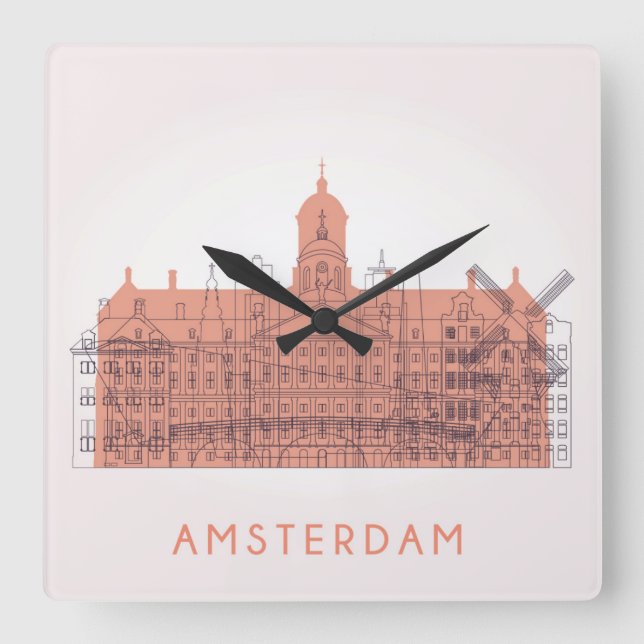 Amsterdam, Netherlands | Skyline of Landmarks Square Wall Clock (Front)