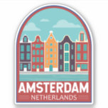 Amsterdam Netherlands Travel Art Vintage<br><div class="desc">Amsterdam retro vector travel design in an emblem style. It’s known for its artistic heritage,  elaborate canal system and narrow houses with gabled facades,  legacies of the city’s 17th-century Golden Age.</div>