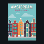 Amsterdam Netherlands Travel Art Vintage Postcard<br><div class="desc">Amsterdam retro vector travel design in an emblem style. It’s known for its artistic heritage,  elaborate canal system and narrow houses with gabled facades,  legacies of the city’s 17th-century Golden Age.</div>