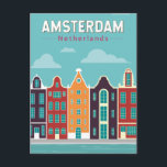 Amsterdam Netherlands Travel Art Vintage Postcard<br><div class="desc">Amsterdam retro vector travel design in an emblem style. It’s known for its artistic heritage,  elaborate canal system and narrow houses with gabled facades,  legacies of the city’s 17th-century Golden Age.</div>