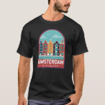 Amsterdam Netherlands Travel Art Vintage T-Shirt<br><div class="desc">Amsterdam retro vector travel design in an emblem style. It’s known for its artistic heritage,  elaborate canal system and narrow houses with gabled facades,  legacies of the city’s 17th-century Golden Age.</div>