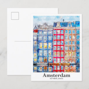 Amsterdam Netherlands Travel Watercolor Hand Drawn Postcard