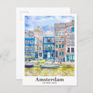 Amsterdam Netherlands Travel Watercolor Hand Drawn Postcard