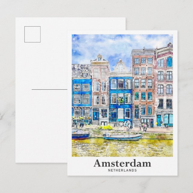 Amsterdam Netherlands Travel Watercolor Hand Drawn Postcard (Front/Back)
