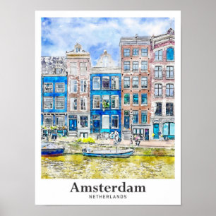 Amsterdam Netherlands Travel Watercolor Hand Drawn Poster