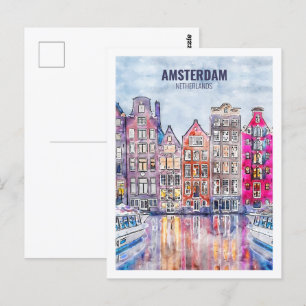 Amsterdam Netherlands Travel Watercolor Sketch Postcard