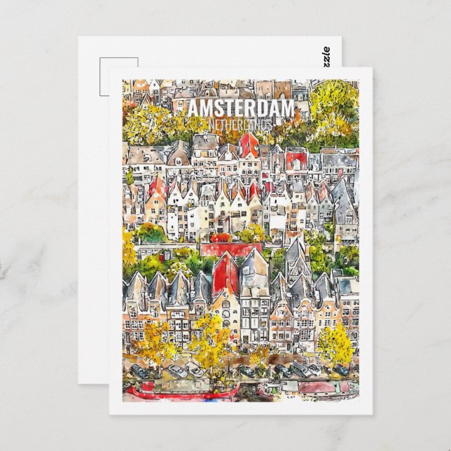 Amsterdam Netherlands Travel Watercolor Sketch Postcard (Front/Back)