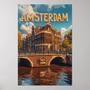 Amsterdam Netherlands Vintage Illustration Travel Poster