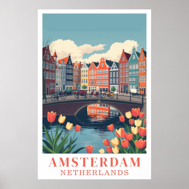 Amsterdam Netherlands Vintage Travel Bicycles Art Poster (Front)
