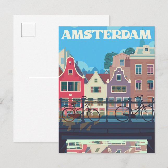 Amsterdam Netherlands Vintage Travel Illustration Postcard (Front/Back)
