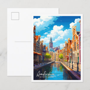 Amsterdam Netherlands vintage travel illustration Postcard