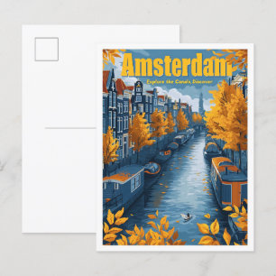 Amsterdam Netherlands Vintage Travel Illustration Postcard