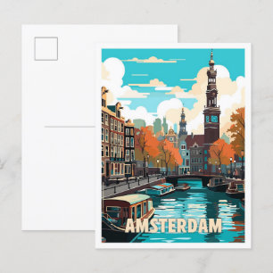 Amsterdam Netherlands Vintage Travel Illustration Postcard