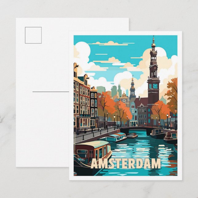Amsterdam Netherlands Vintage Travel Illustration Postcard (Front/Back)