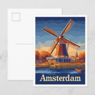 Amsterdam Netherlands Vintage Travel Illustration Postcard