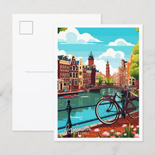 Amsterdam Netherlands vintage travel illustration Postcard
