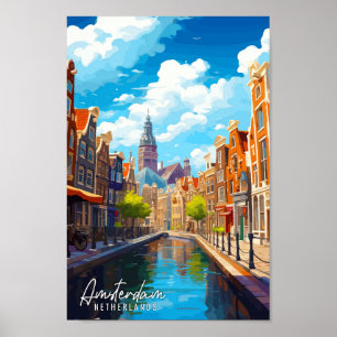 Amsterdam Netherlands vintage travel illustration Poster
