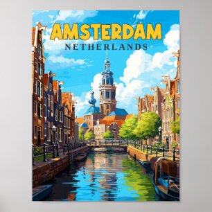 Amsterdam Netherlands vintage travel illustration Poster