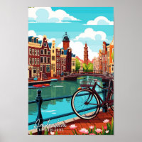 Amsterdam Netherlands vintage travel illustration