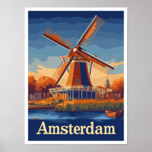 Amsterdam Netherlands Vintage Travel Illustration Poster