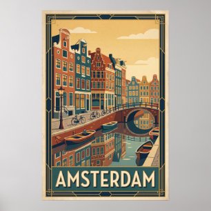 Amsterdam Netherlands Vintage Travel Illustration Poster