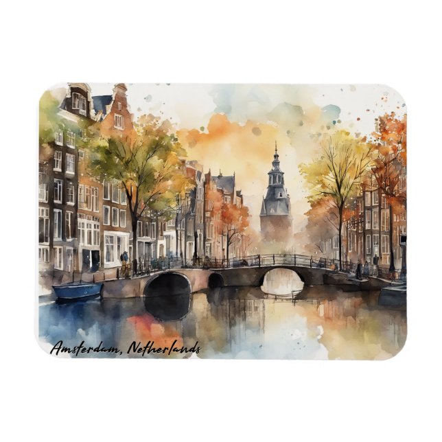 Amsterdam Netherlands Watercolor Panorama View Magnet (Horizontal)