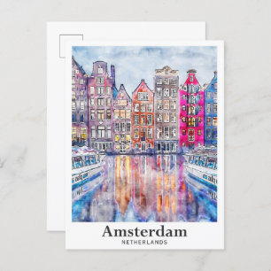 Amsterdam Netherlands Watercolor Sketch Hand Drawn Postcard