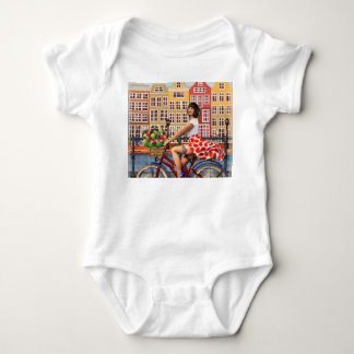 Amsterdam Poster: Pin-Up Girl Cycling. Baby Bodysuit