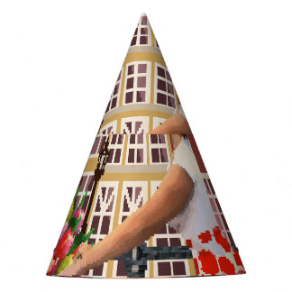 Amsterdam Poster: Pin-Up Girl Cycling. Party Hat