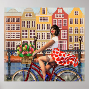 Amsterdam Poster: Pin-Up Girl Cycling. Poster