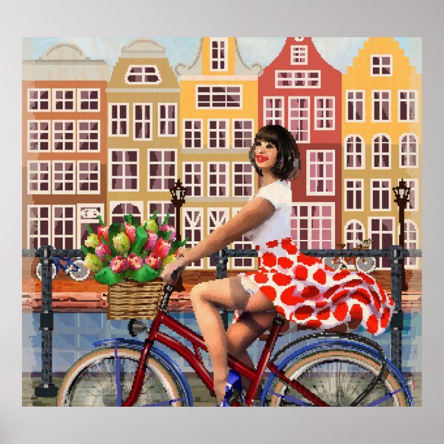 Amsterdam Poster: Pin-Up Girl Cycling. Poster (Front)