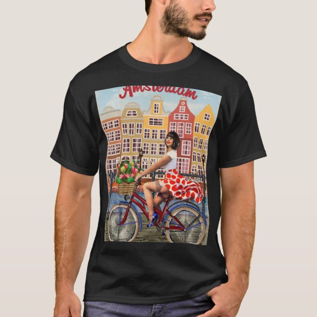 Amsterdam Poster: Pin-Up Girl Cycling. T-Shirt (Front)
