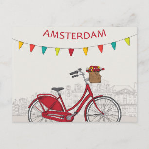 Amsterdam, red bicycle on the street, illustration postcard