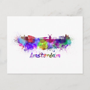 Amsterdam skyline in watercolor postcard