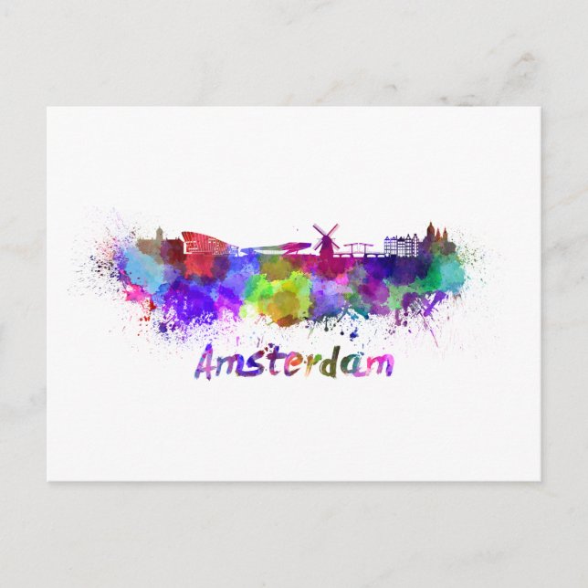 Amsterdam skyline in watercolor postcard (Front)
