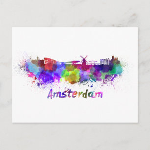 Amsterdam skyline in watercolor postcard