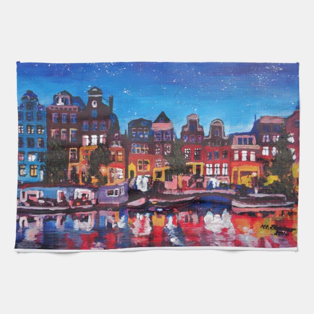 Amsterdam Skyline With Canal At Night Tea Towel (Horizontal)