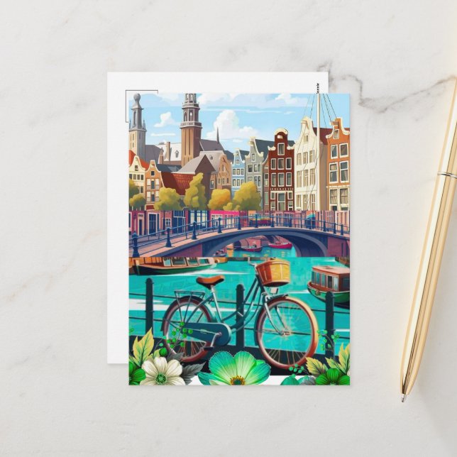 Amsterdam Travel Postcard Art, Netherlands Postcar (Front/Back In Situ)