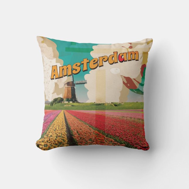 Amsterdam Vintage Travel Poster Cushion (Front)