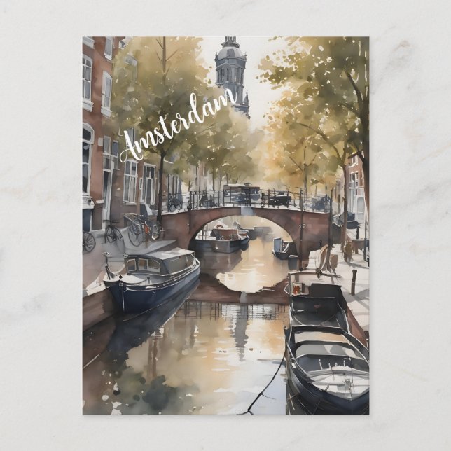 Amsterdam watercolor painting holiday postcard (Front)
