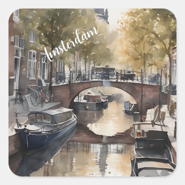 Amsterdam watercolor painting square sticker (Front)