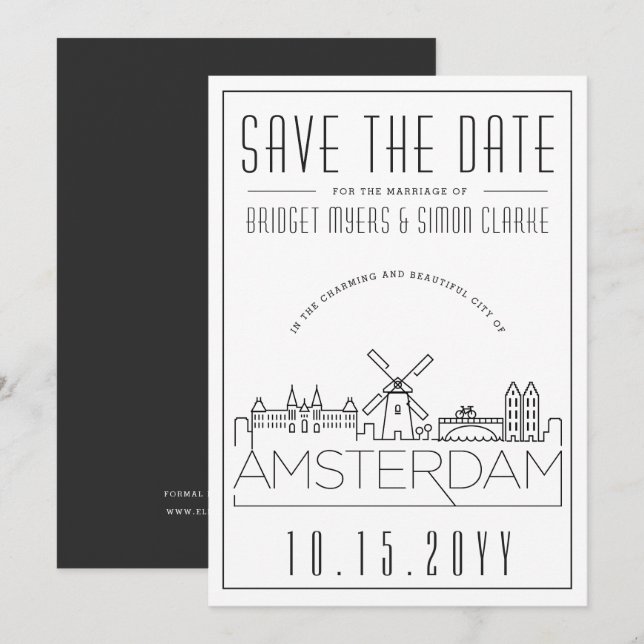 Amsterdam Wedding Stylised Skyline Save the Date Invitation (Front/Back)