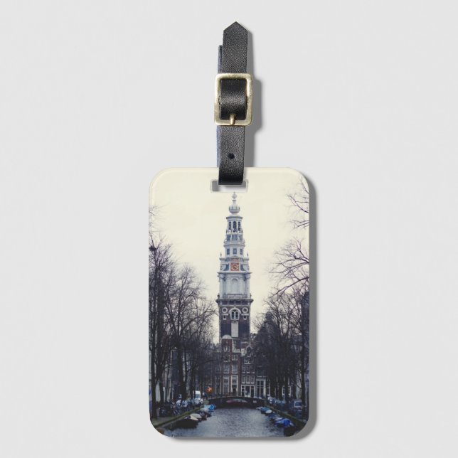 Amsterdam Winter Canal Tower Church Photo  Luggage Tag (Front Vertical)