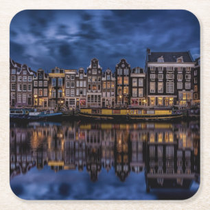 Amsterdam with Canals at Dusk Square Paper Coaster