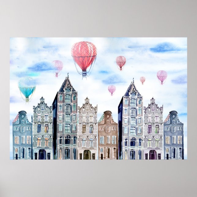 Amsterdam with hot air balloon poster (Front)