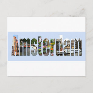 Amsterdam with tourist sights in letters postcard